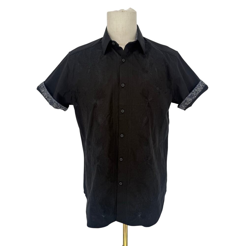 Robert Graham Button Front Short Sleeve Shirt DRAGO Black Embroidered Floral M
